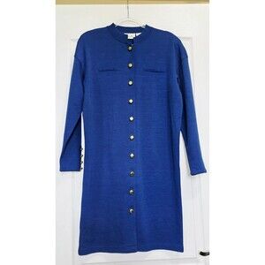 VTG Liz Claiborne Dress Women's Sz.Large Navy Gold Button Front Knit Midi Sheath